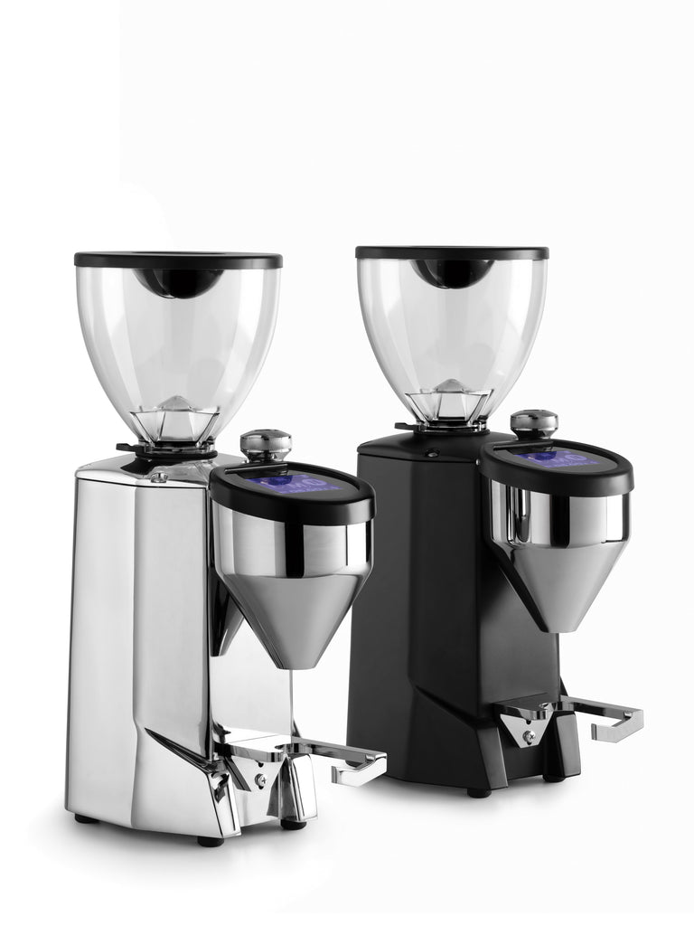 A black and a white Rocket Fausto 2.1 coffee grinder.