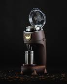 A custom, brown Niche Zero coffee grinder, made by Specht.