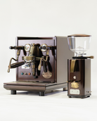 A deep red and aged brass Synchronika II machine and S-Automatik 64 grinder.