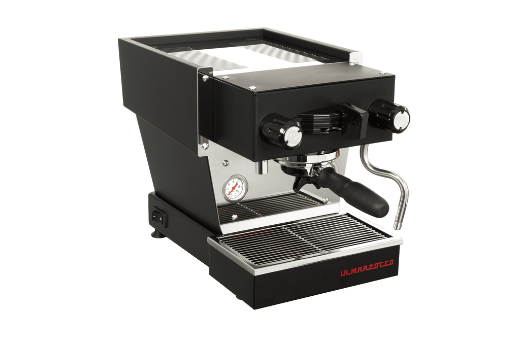 A black, La Marzocco Linea Micra home espresso machine.