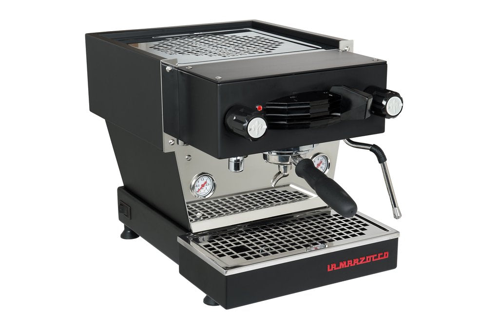 A black, La Marzocco Linea Mini home espresso machine.