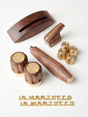 Open image in slideshow, A walnut and brass Specht Wood Customization Kit for a La Marzocco Linea Mini.
