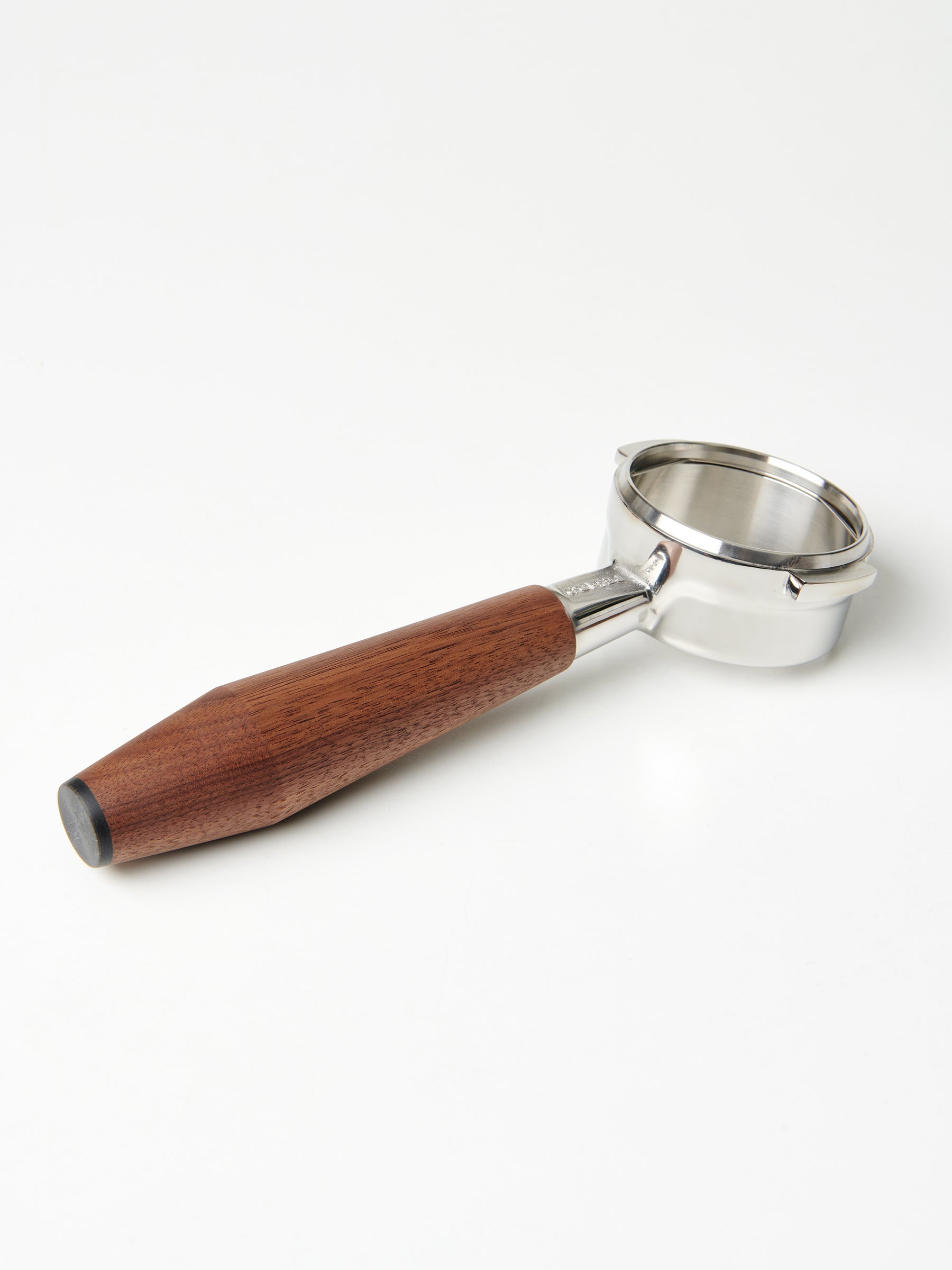 A bottomless Pesado portafilter with a Specht walnut, black end-capped handle.